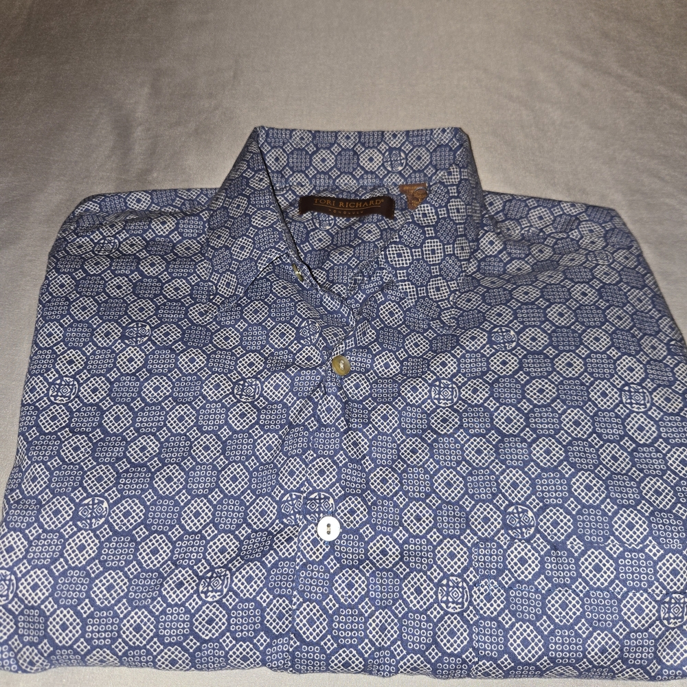 Tori Richard Men`s Blue Geometric Hawaiian Button Up Cotton Lawn Shirt Size L